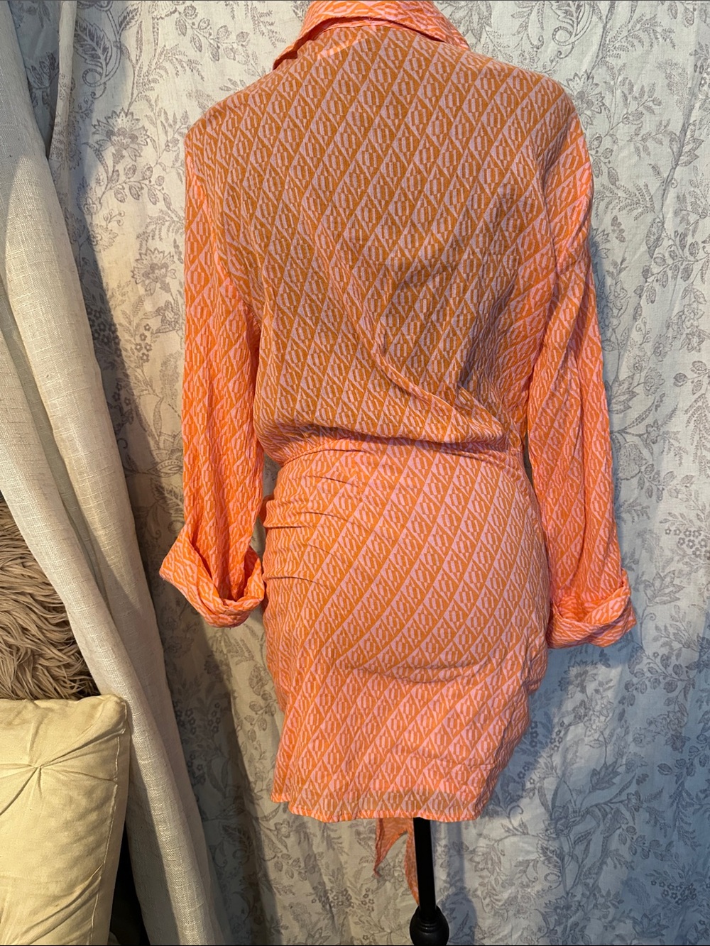 Free People Orange Printed Long-Sleeve Tie-Front Shirt Dress - Picture 4 of 7